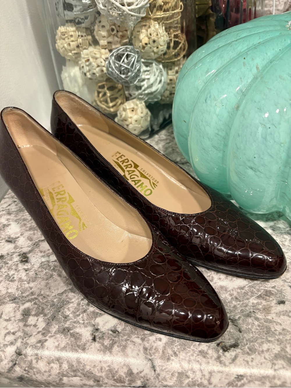 Salvatore Ferragamo Dark Brown Croc-Embossed Patent Leather Pointed Flats